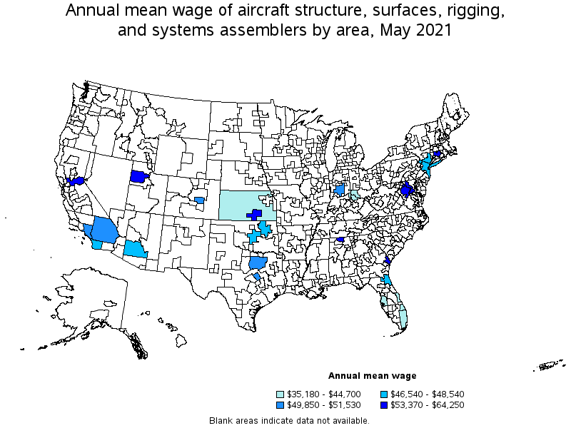 Map of annual mean wages of aircraft structure, surfaces, rigging, and systems assemblers by area, May 2021