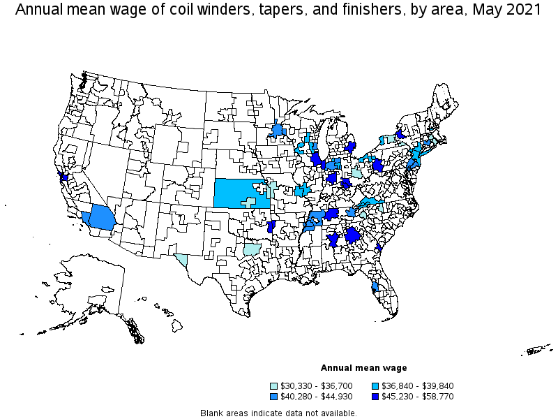 Map of annual mean wages of coil winders, tapers, and finishers by area, May 2021