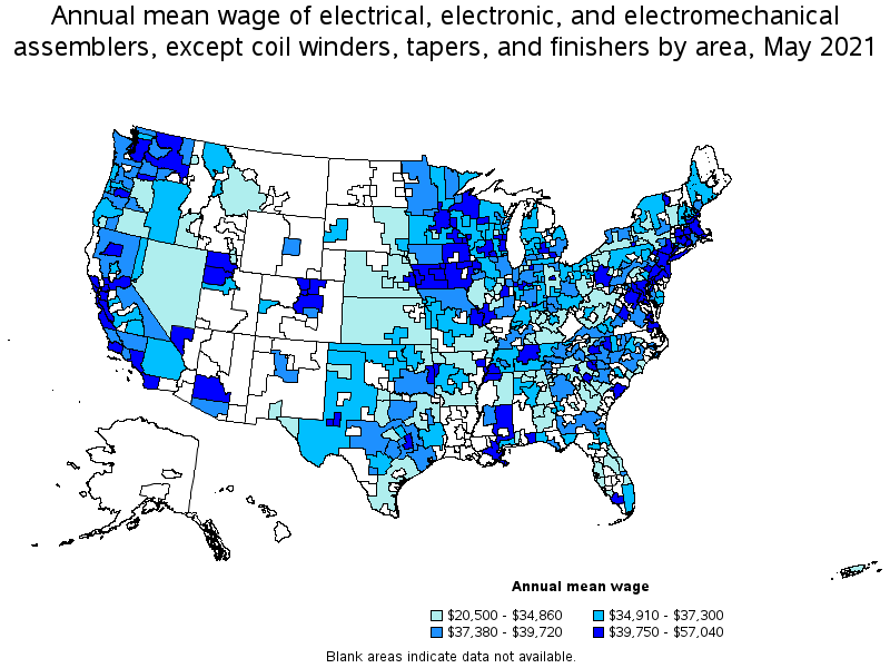 Map of annual mean wages of electrical, electronic, and electromechanical assemblers, except coil winders, tapers, and finishers by area, May 2021