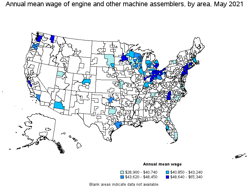 Map of annual mean wages of engine and other machine assemblers by area, May 2021