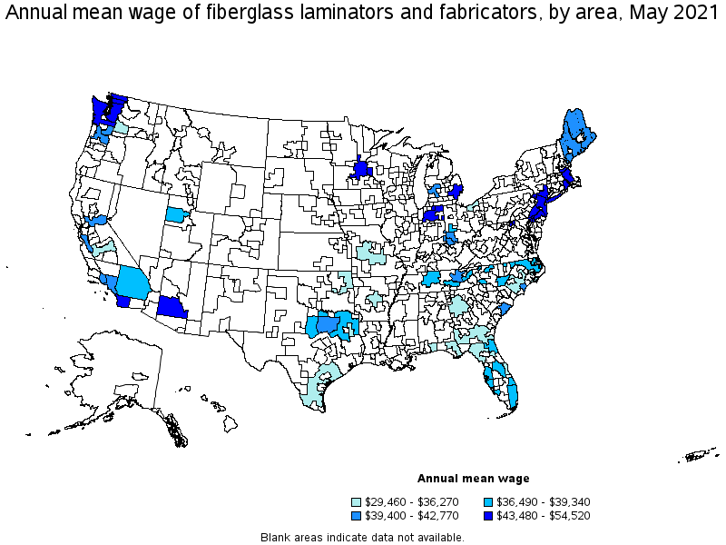 Map of annual mean wages of fiberglass laminators and fabricators by area, May 2021