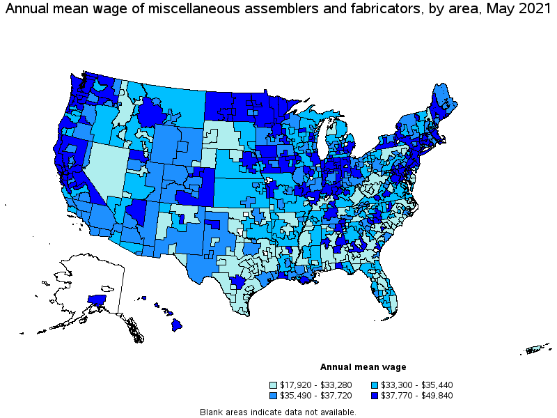 Map of annual mean wages of miscellaneous assemblers and fabricators by area, May 2021