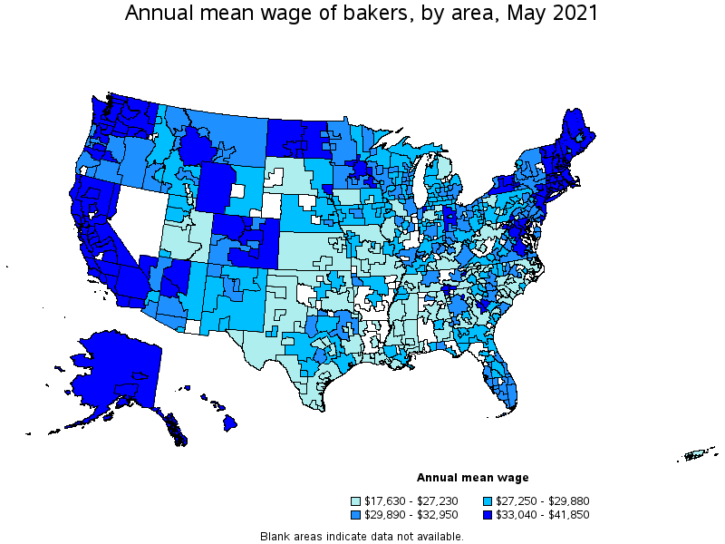 Map of annual mean wages of bakers by area, May 2021