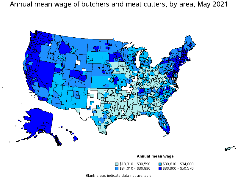 Map of annual mean wages of butchers and meat cutters by area, May 2021