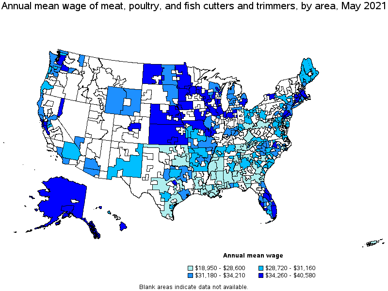 Map of annual mean wages of meat, poultry, and fish cutters and trimmers by area, May 2021