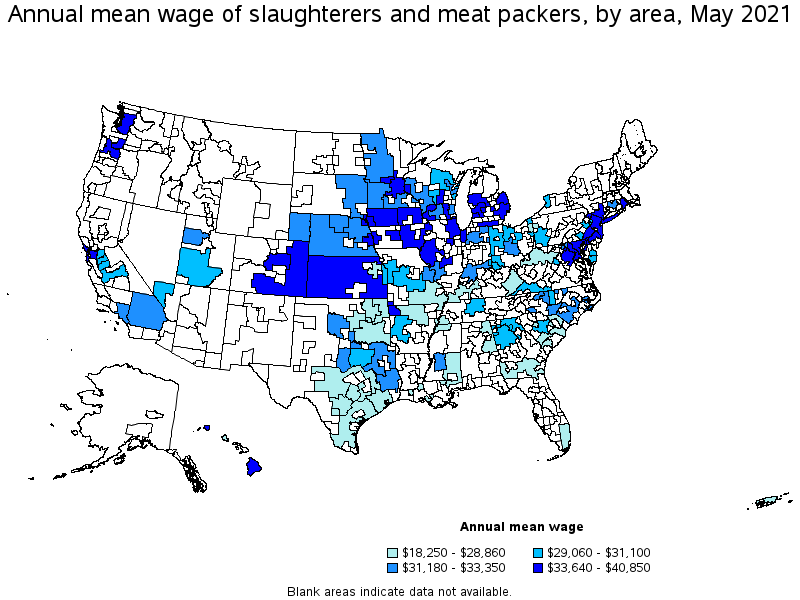 Map of annual mean wages of slaughterers and meat packers by area, May 2021