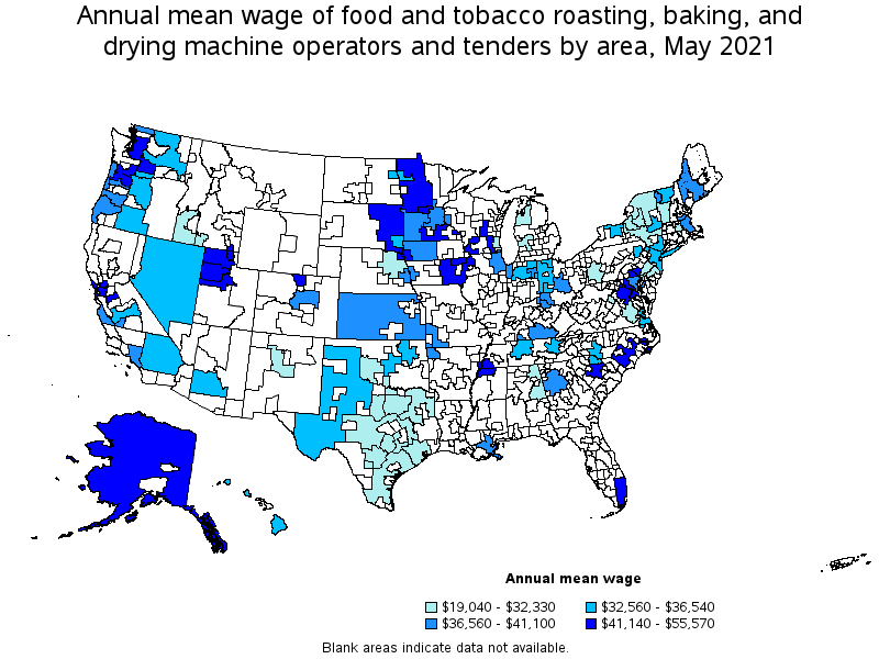 Map of annual mean wages of food and tobacco roasting, baking, and drying machine operators and tenders by area, May 2021