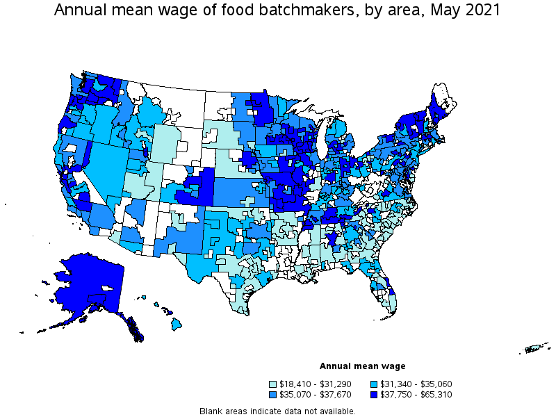 Map of annual mean wages of food batchmakers by area, May 2021