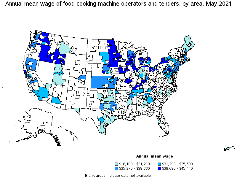 Map of annual mean wages of food cooking machine operators and tenders by area, May 2021