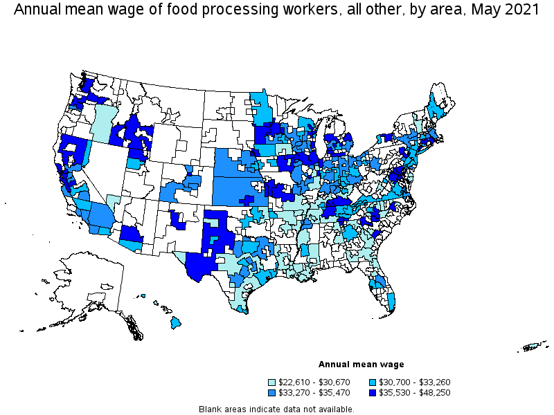 Map of annual mean wages of food processing workers, all other by area, May 2021
