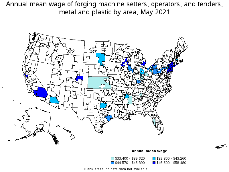 Map of annual mean wages of forging machine setters, operators, and tenders, metal and plastic by area, May 2021