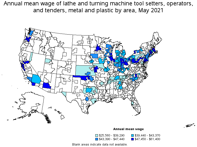 Map of annual mean wages of lathe and turning machine tool setters, operators, and tenders, metal and plastic by area, May 2021