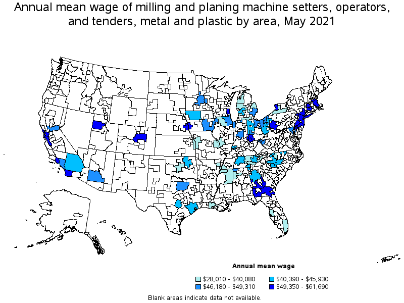 Map of annual mean wages of milling and planing machine setters, operators, and tenders, metal and plastic by area, May 2021