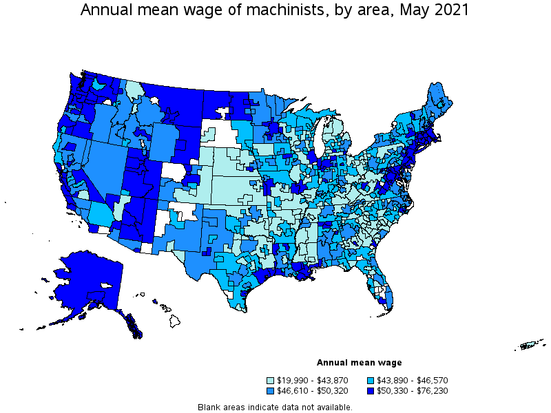 Map of annual mean wages of machinists by area, May 2021