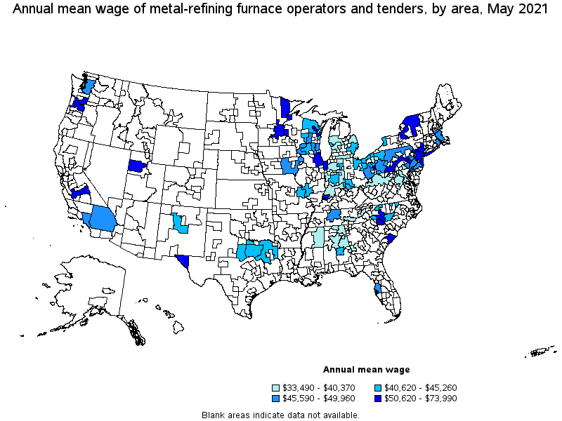 Map of annual mean wages of metal-refining furnace operators and tenders by area, May 2021