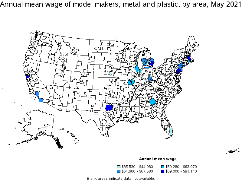 Map of annual mean wages of model makers, metal and plastic by area, May 2021