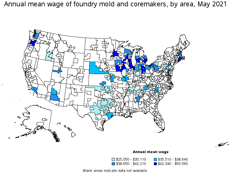 Map of annual mean wages of foundry mold and coremakers by area, May 2021