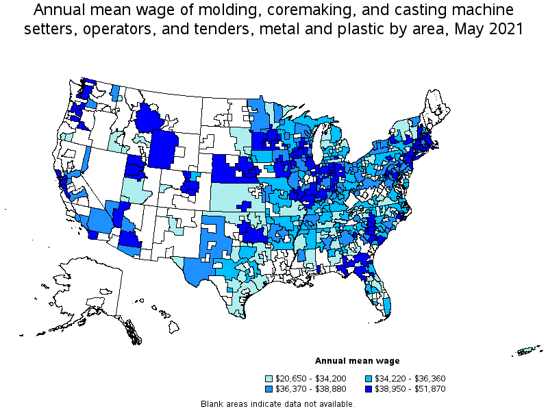 Map of annual mean wages of molding, coremaking, and casting machine setters, operators, and tenders, metal and plastic by area, May 2021