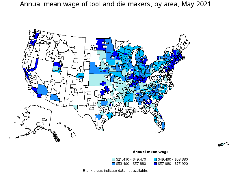 Map of annual mean wages of tool and die makers by area, May 2021