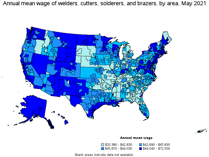 Map of annual mean wages of welders, cutters, solderers, and brazers by area, May 2021