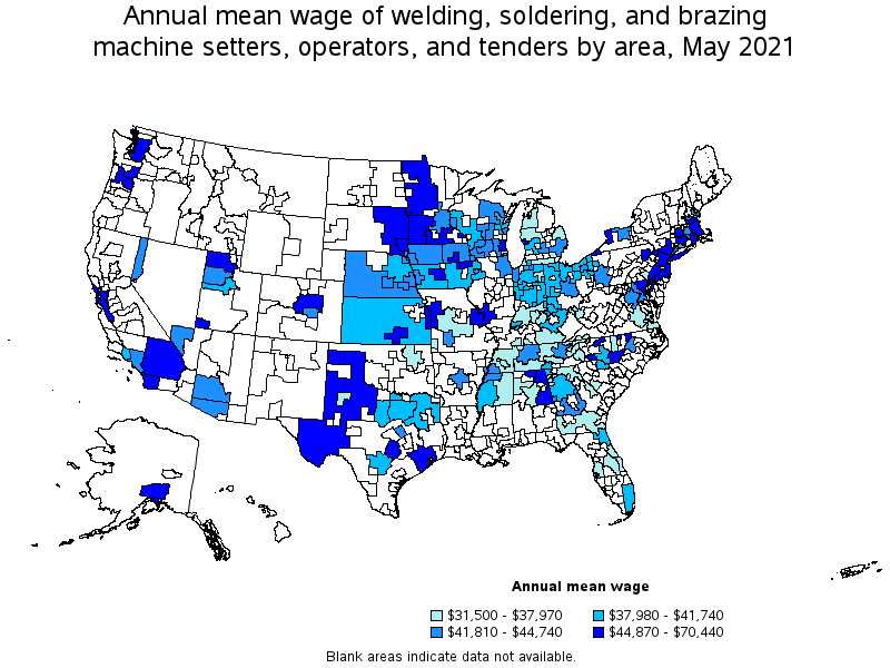 Map of annual mean wages of welding, soldering, and brazing machine setters, operators, and tenders by area, May 2021