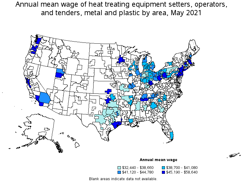 Map of annual mean wages of heat treating equipment setters, operators, and tenders, metal and plastic by area, May 2021