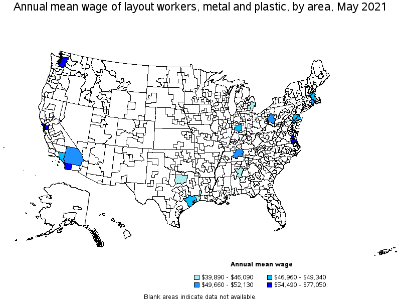 Map of annual mean wages of layout workers, metal and plastic by area, May 2021