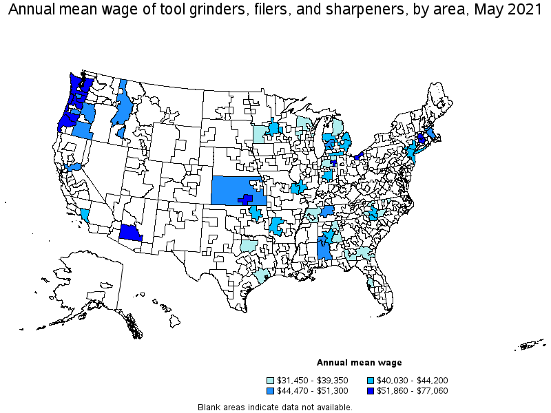 Map of annual mean wages of tool grinders, filers, and sharpeners by area, May 2021