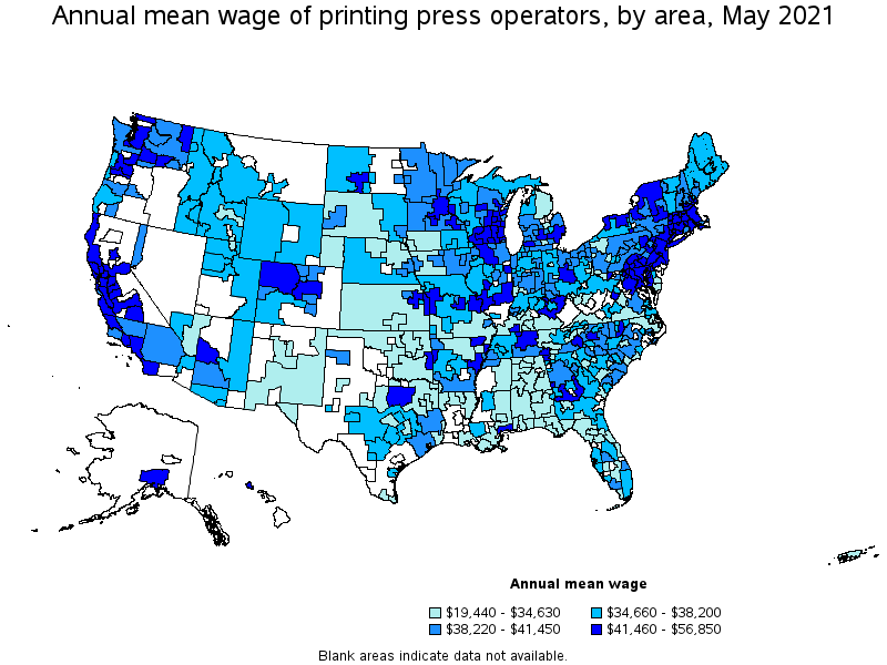 Map of annual mean wages of printing press operators by area, May 2021