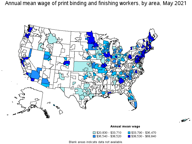 Map of annual mean wages of print binding and finishing workers by area, May 2021