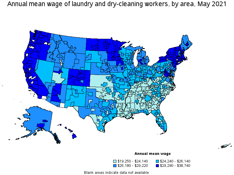 Map of annual mean wages of laundry and dry-cleaning workers by area, May 2021