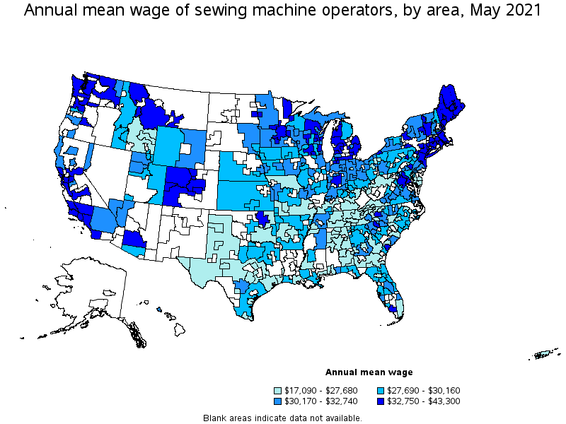 Map of annual mean wages of sewing machine operators by area, May 2021