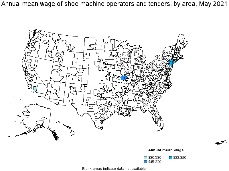 Map of annual mean wages of shoe machine operators and tenders by area, May 2021
