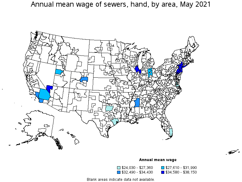 Map of annual mean wages of sewers, hand by area, May 2021