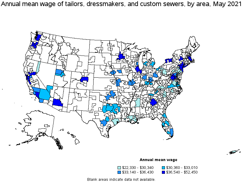 Map of annual mean wages of tailors, dressmakers, and custom sewers by area, May 2021