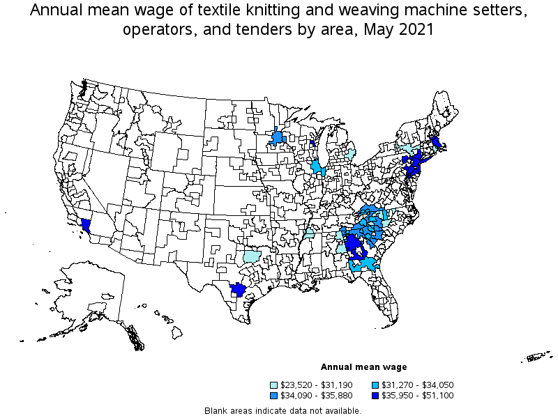 Map of annual mean wages of textile knitting and weaving machine setters, operators, and tenders by area, May 2021