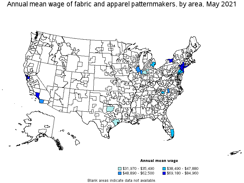 Map of annual mean wages of fabric and apparel patternmakers by area, May 2021