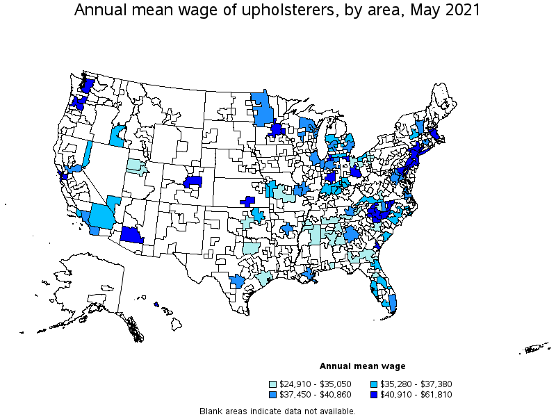 Map of annual mean wages of upholsterers by area, May 2021