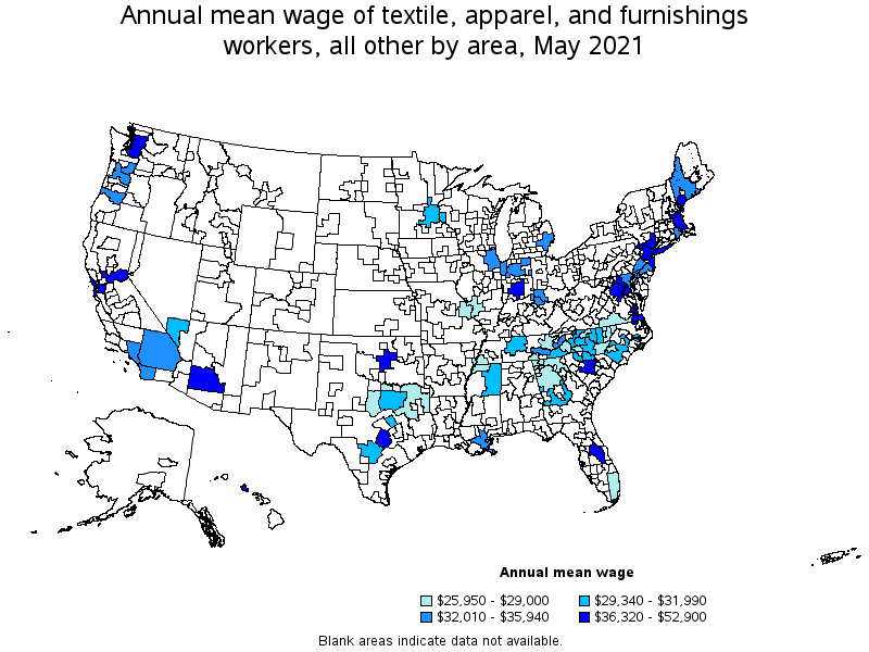 Map of annual mean wages of textile, apparel, and furnishings workers, all other by area, May 2021