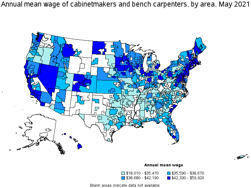 Map of annual mean wages of cabinetmakers and bench carpenters by area, May 2021