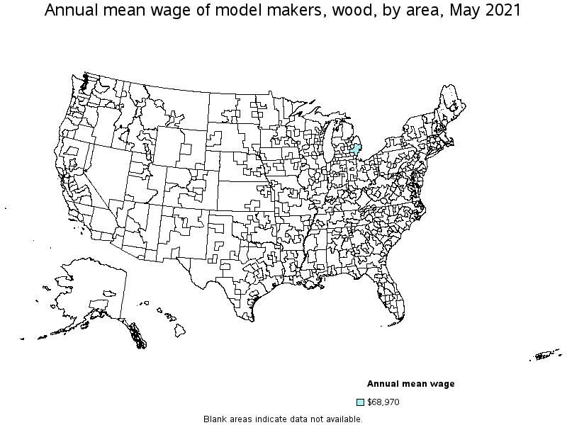 Map of annual mean wages of model makers, wood by area, May 2021