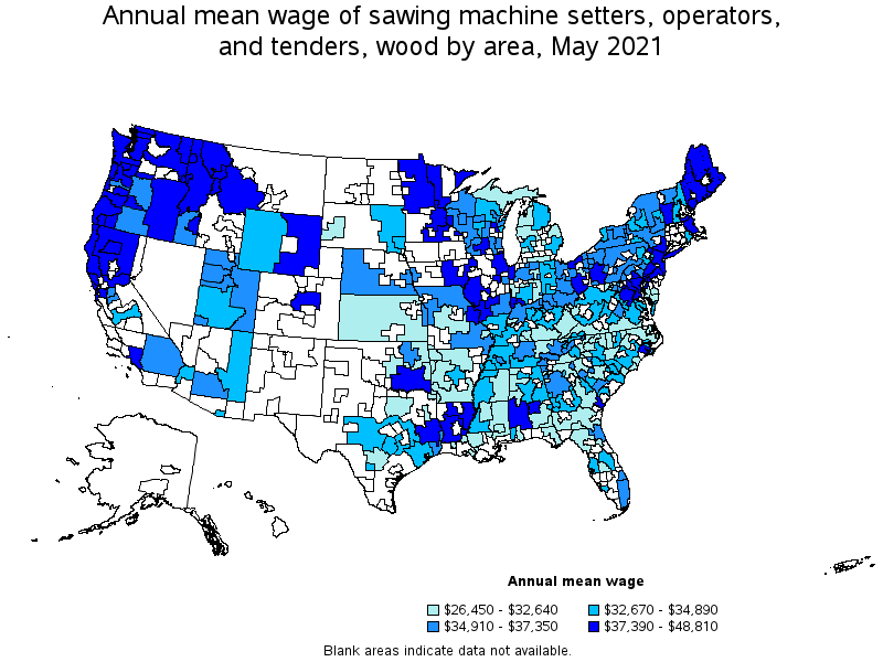 Map of annual mean wages of sawing machine setters, operators, and tenders, wood by area, May 2021