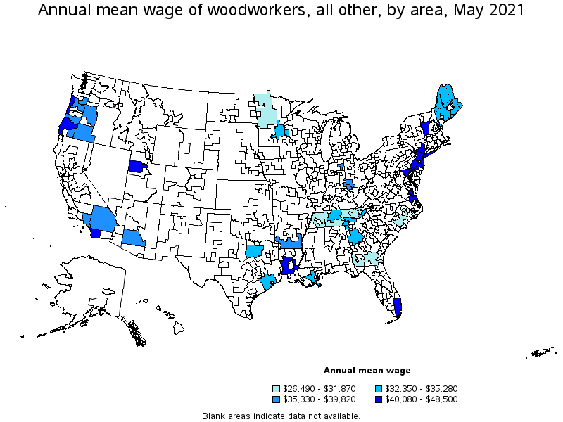 Map of annual mean wages of woodworkers, all other by area, May 2021