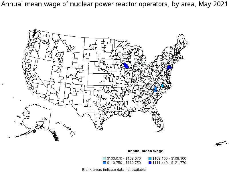 Map of annual mean wages of nuclear power reactor operators by area, May 2021