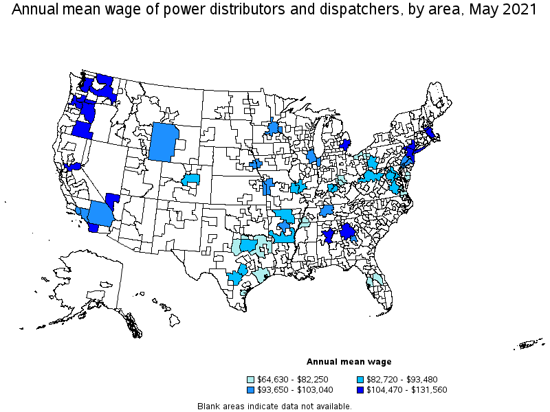 Map of annual mean wages of power distributors and dispatchers by area, May 2021