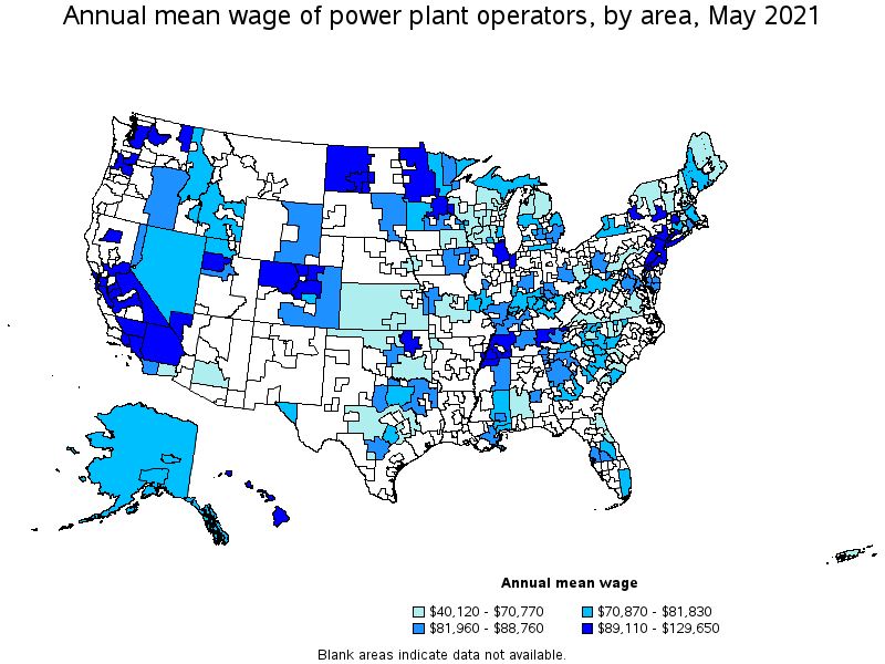 Map of annual mean wages of power plant operators by area, May 2021