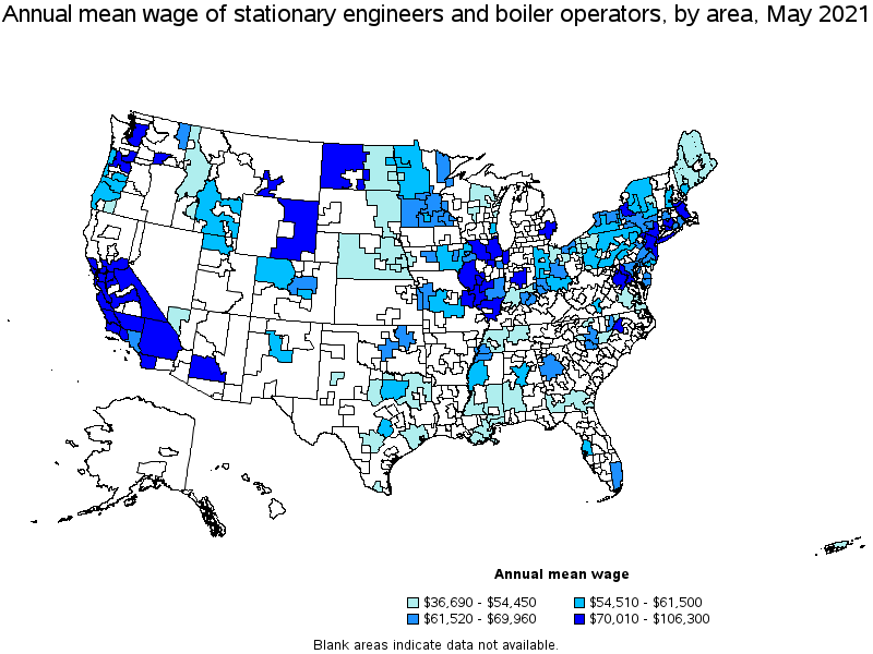 Map of annual mean wages of stationary engineers and boiler operators by area, May 2021