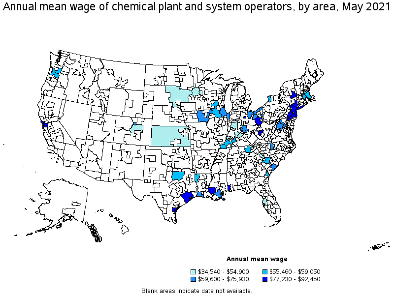 Map of annual mean wages of chemical plant and system operators by area, May 2021