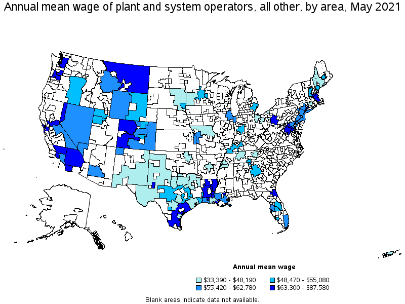 Map of annual mean wages of plant and system operators, all other by area, May 2021