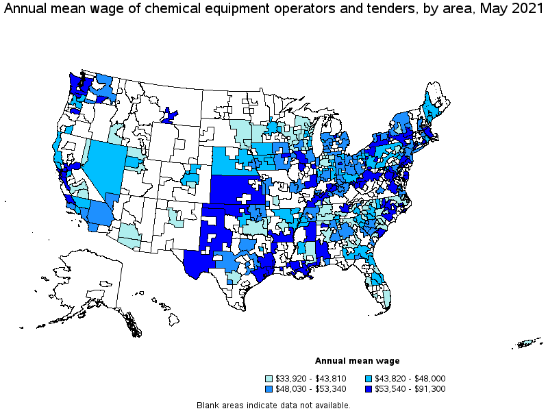 Map of annual mean wages of chemical equipment operators and tenders by area, May 2021